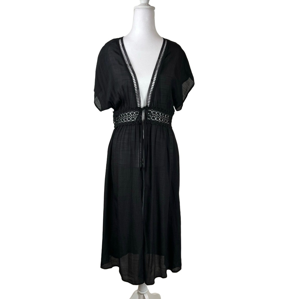 Iris Womens Black Tie Front Midi‎ Swim Beach Coverup Medium Crochet Lace Boho